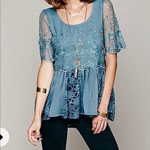 Free People lace and embroidered peplum top M